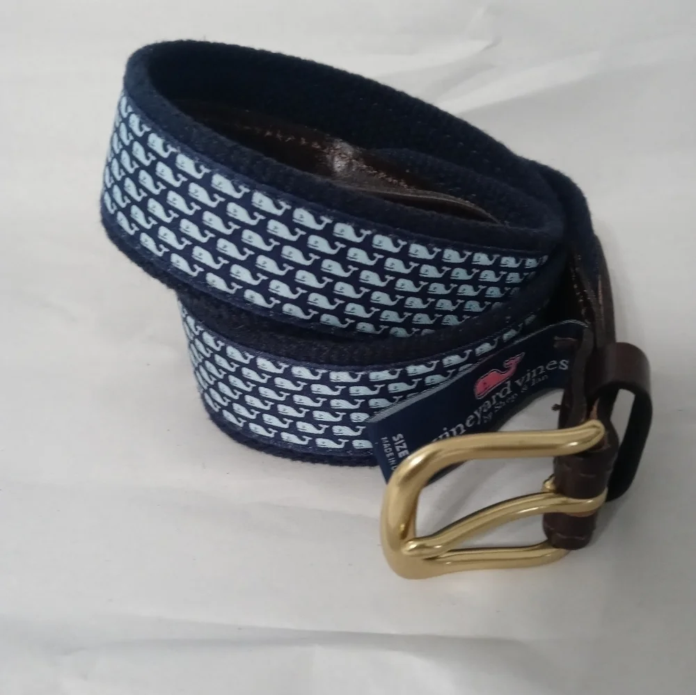 Vineyard Vines Navy Blue Canvas Classic Whale Print Belt Brass Buckle 30